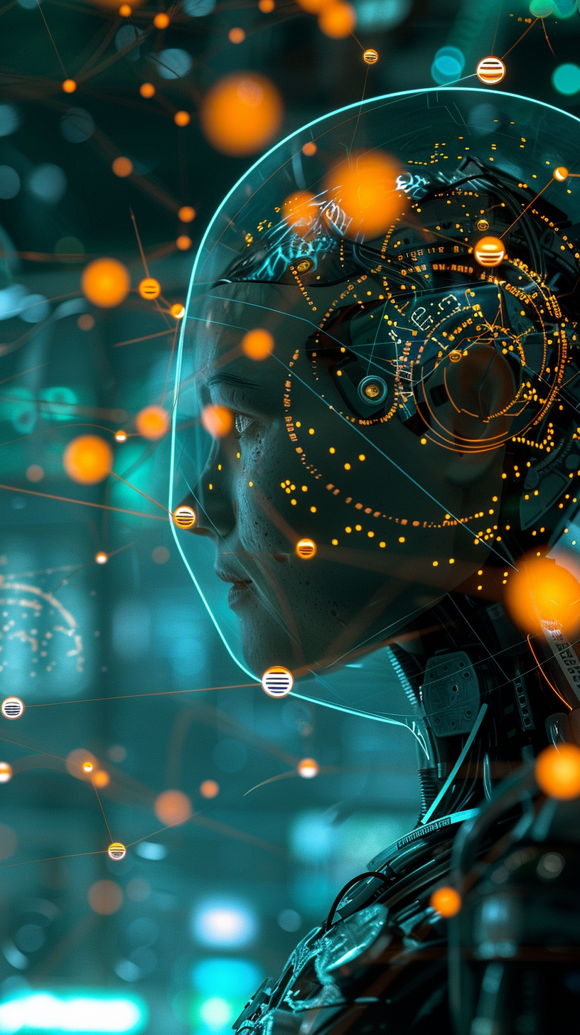 Humanoid AI contemplating glowing mathematical structures in cyan-lit space