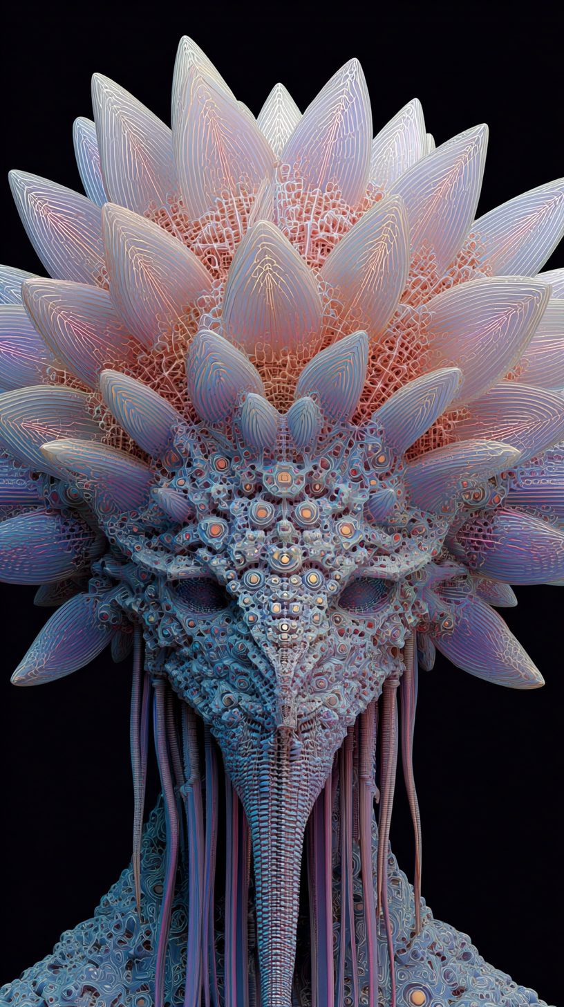 Ethereal fractal being with crystalline plumage against void