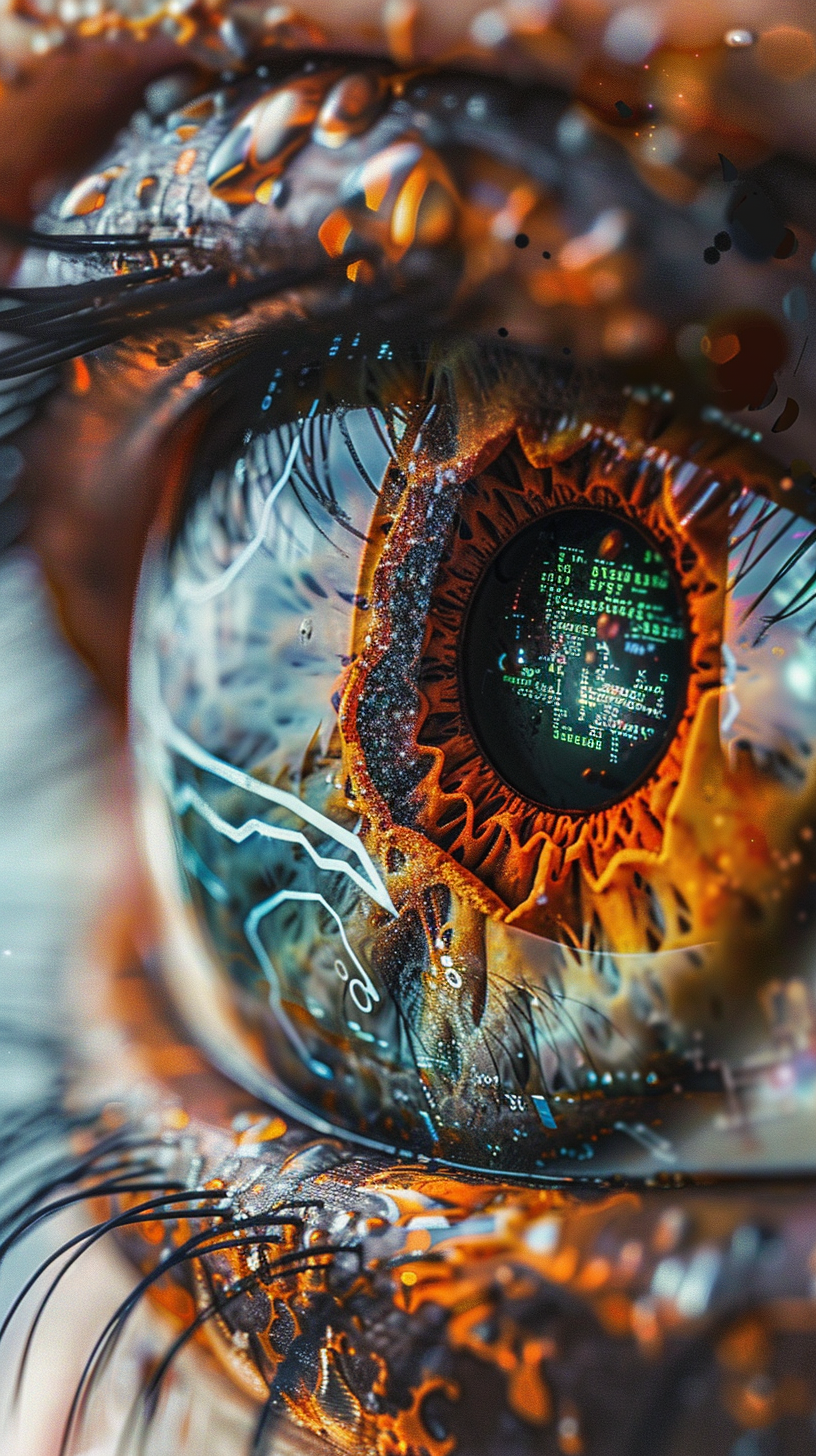 Extreme close-up of human eye with digital circuitry reflected in iris - representing the fusion of organic and technological
