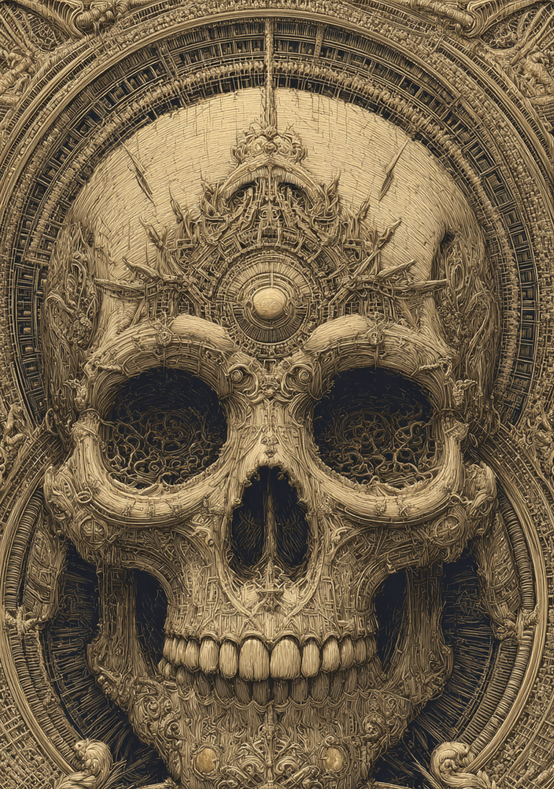 The Great Filter - ornate mechanical skull with arcane symbols, memento mori for the technological age
